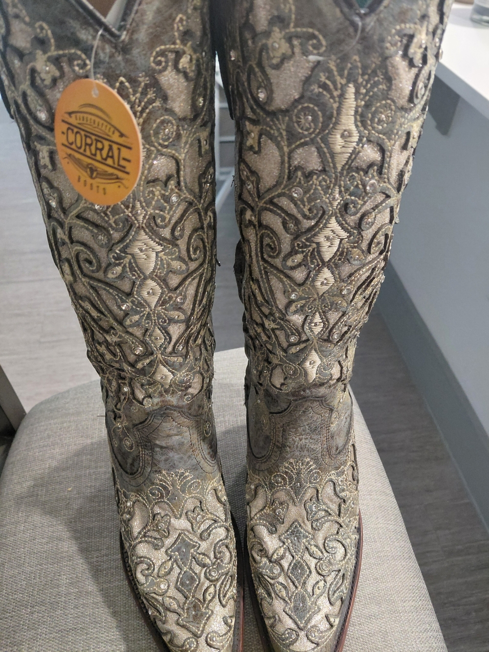 Corral Gold and Taupe Metallic Embroidered Tall Western Boots